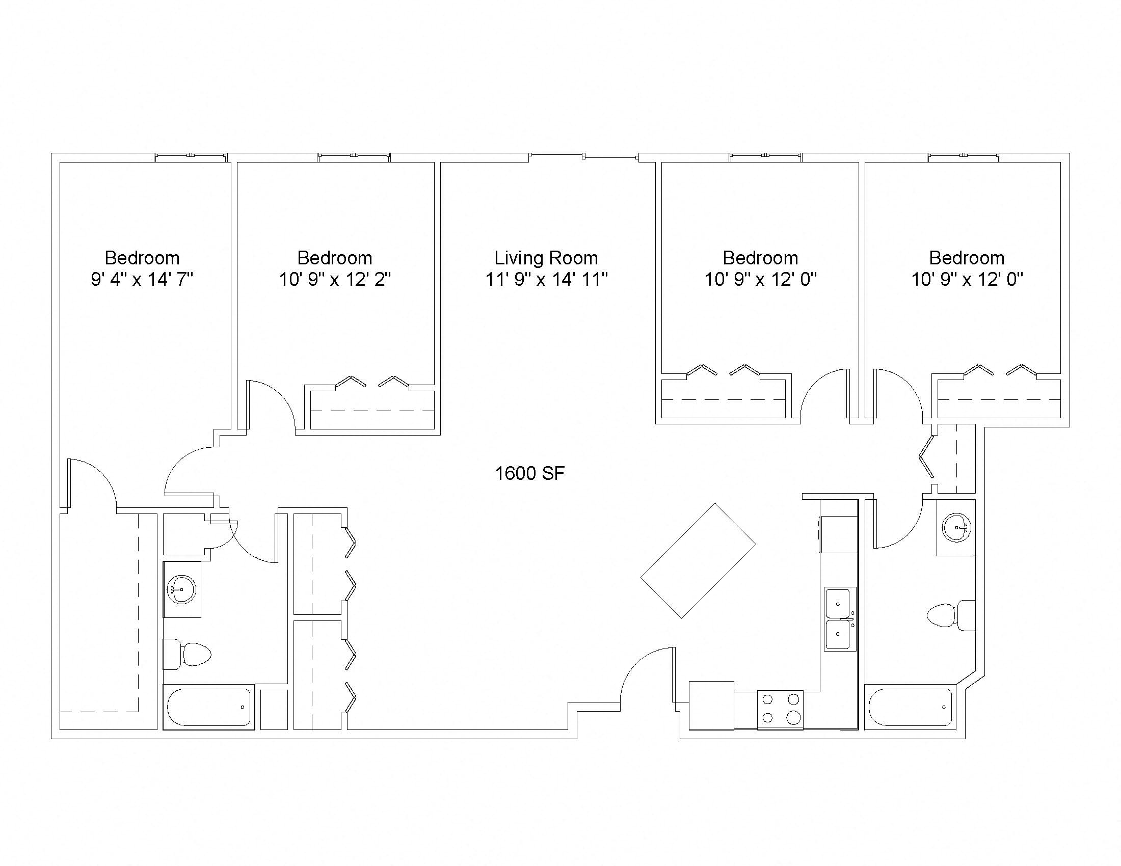 Floor plan for 4 beds, 2 baths, 1705 sqft